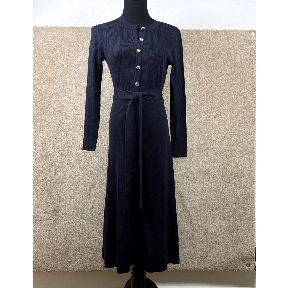 Ann‎ Taylor MP Navy Ribbed Knit Button Front Midi Dress 831452 Gold Buttons